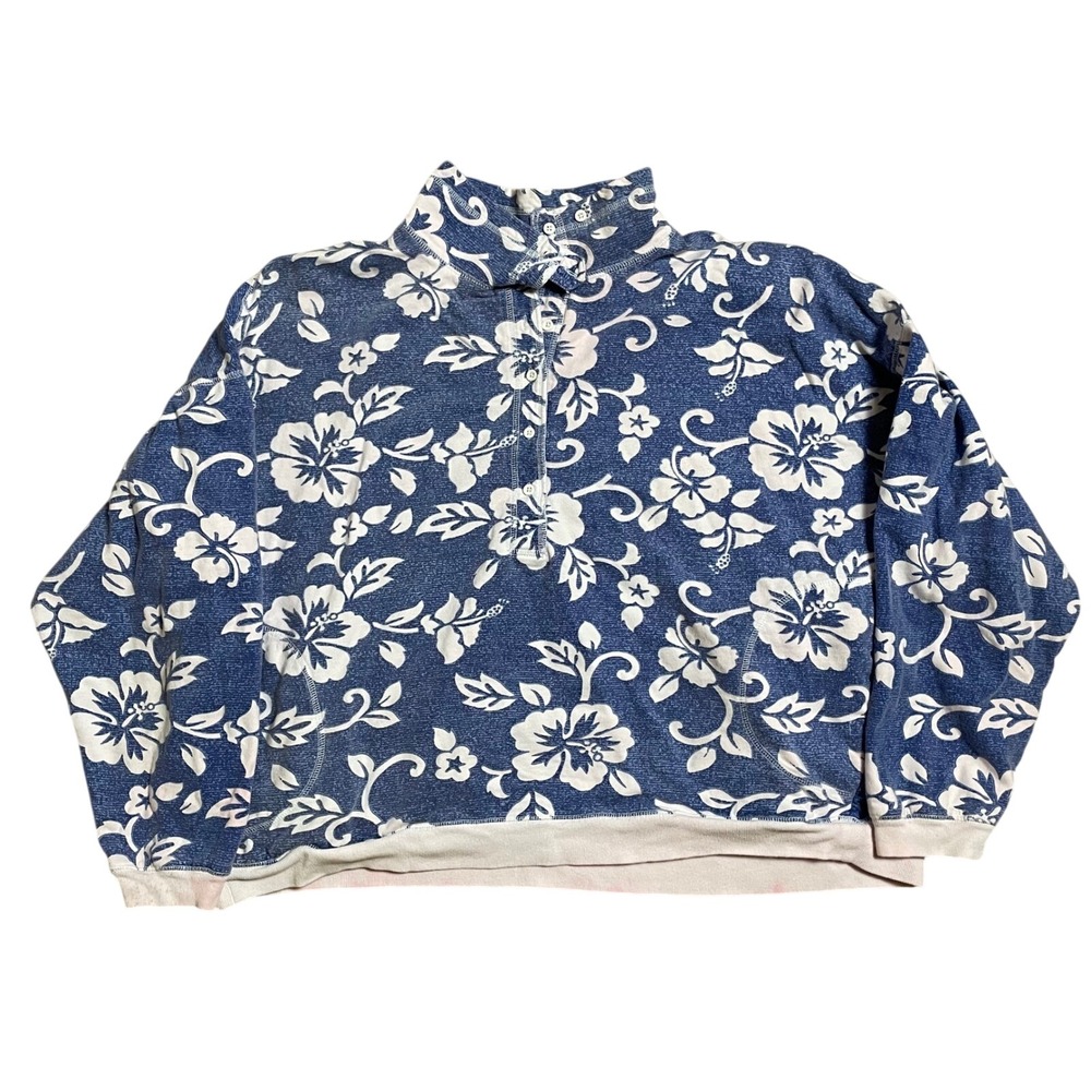 Out From Under Pullover Sweatshirt Medium Blue White Floral Quarter Zip Sweater